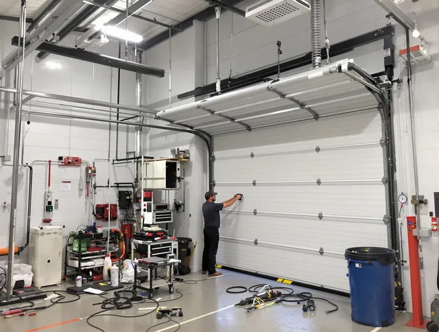 Strongsville Garage Door Repair certified technician performing commercial door repair at a Strongsville business facility