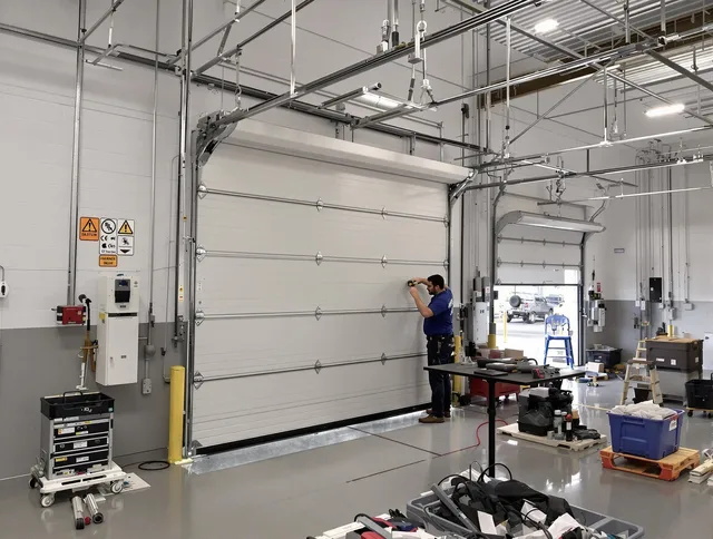 Commercial garage door repair being performed by Strongsville Garage Door Repair expert in Strongsville
