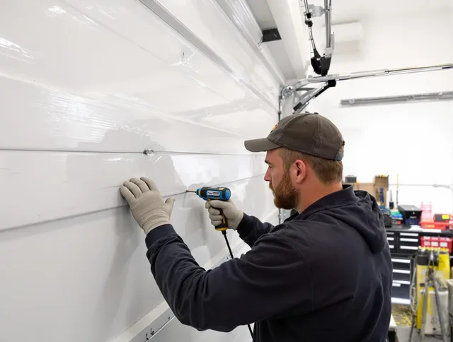 Strongsville Garage Door Repair technician demonstrating precision dent removal techniques on a Strongsville garage door