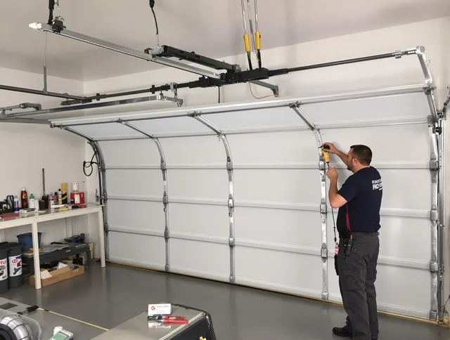 Strongsville Garage Door Repair certified technician performing overhead door system repair in Strongsville
