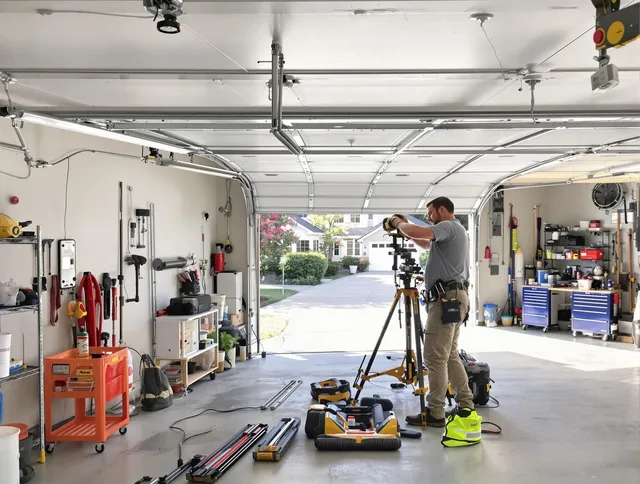 Strongsville Garage Door Repair specialist performing laser-guided track alignment in Strongsville